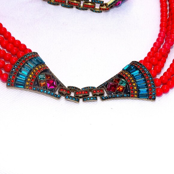 Heidi Daus Necklace & Extender/Bracelet Rhinestone & Faux Coral Bead Multistrand - Picture 11 of 16